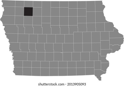 Black highlighted location map of the Clay County inside gray map of the Federal State of Iowa, USA