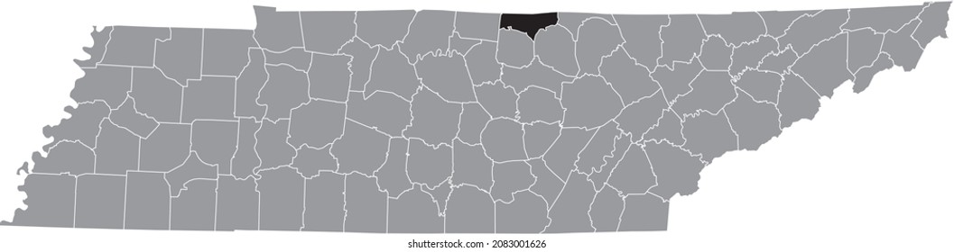 Black highlighted location map of the Clay County inside gray administrative map of the Federal State of Tennessee, USA