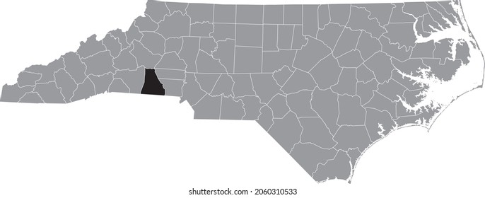 Black highlighted location map of the Cleveland County inside gray administrative map of the Federal State of North Carolina, USA