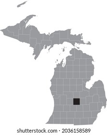 Black highlighted location map of the Clinton County inside gray map of the Federal State of Michigan, USA