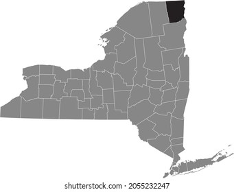 Black highlighted location map of the Clinton County inside gray map of the Federal State of New York, USA