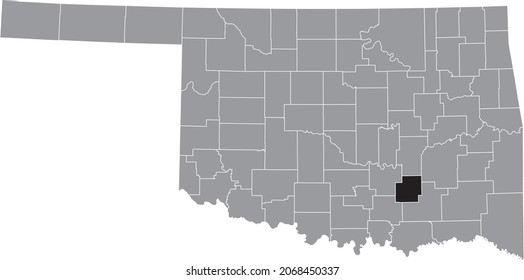 Black highlighted location map of the Coal County inside gray administrative map of the Federal State of Oklahoma, USA