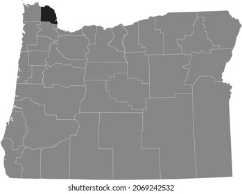 Black highlighted location map of the Columbia County inside gray administrative map of the Federal State of Oregon, USA