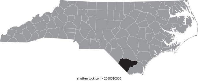 Black highlighted location map of the Columbus County inside gray administrative map of the Federal State of North Carolina, USA