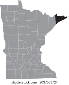 Black highlighted location map of the Cook County inside gray map of the Federal State of Minnesota, USA