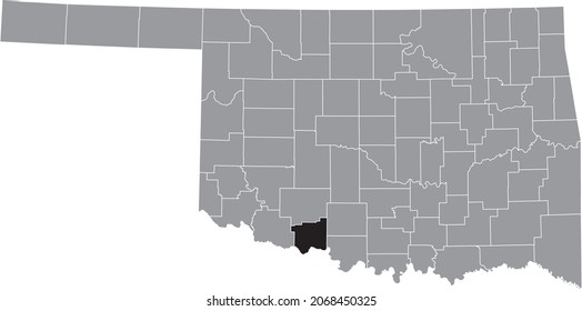 Black highlighted location map of the Cotton County inside gray administrative map of the Federal State of Oklahoma, USA