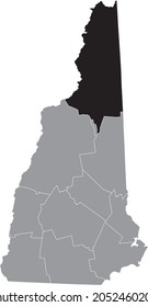 Black highlighted location map of the Coös County inside gray map of the Federal State of New Hampshire, USA