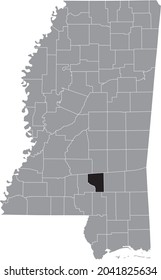 Black highlighted location map of the Covington County inside gray map of the Federal State of Mississippi, USA