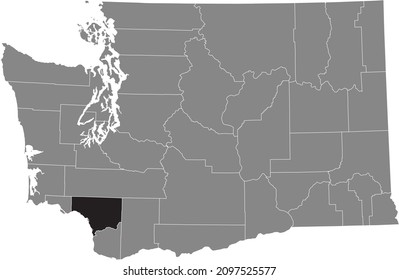 Black highlighted location map of the Cowlitz County inside gray administrative map of the Federal State of Washington, USA