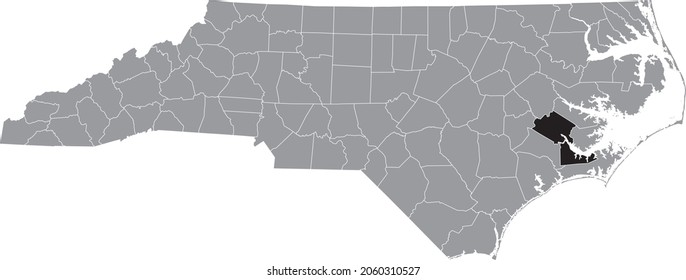 Black highlighted location map of the Craven County inside gray administrative map of the Federal State of North Carolina, USA