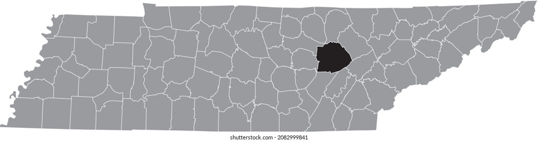 Black highlighted location map of the Cumberland County inside gray administrative map of the Federal State of Tennessee, USA