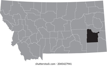 Black highlighted location map of the Custer County inside gray map of the Federal State of Montana, USA