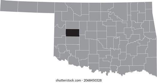 Black highlighted location map of the Custer County inside gray administrative map of the Federal State of Oklahoma, USA