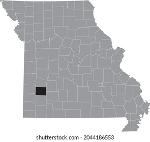 Black highlighted location map of the Dade County inside gray map of the Federal State of Missouri, USA