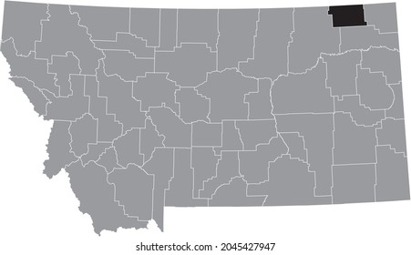 Black highlighted location map of the Daniels County inside gray map of the Federal State of Montana, USA