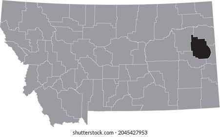 Black highlighted location map of the Dawson County inside gray map of the Federal State of Montana, USA