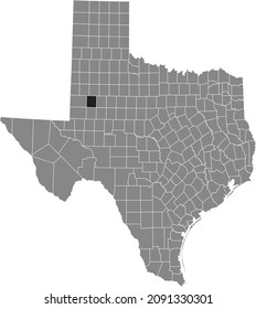 Schwarz hervorgehobene Standortkarte des Dawson County in grauer Verwaltungskarte des Bundesstaates Texas, USA
