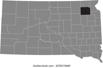 Black highlighted location map of the Day County inside gray administrative map of the Federal State of South Dakota, USA