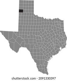 Black highlighted location map of the Deaf Smith County inside gray administrative map of the Federal State of Texas, USA