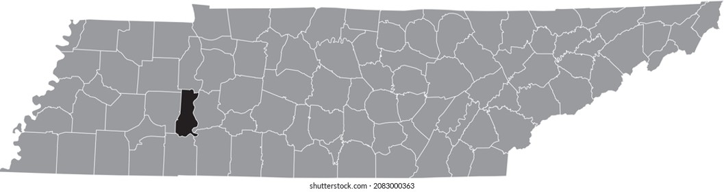 Black highlighted location map of the Decatur County inside gray administrative map of the Federal State of Tennessee, USA