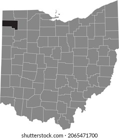 Black Highlighted Location Map Of The Defiance County Inside Gray Administrative Map Of The Federal State Of Ohio, USA