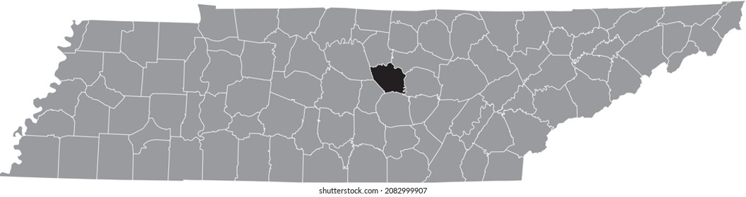 Black highlighted location map of the DeKalb County inside gray administrative map of the Federal State of Tennessee, USA