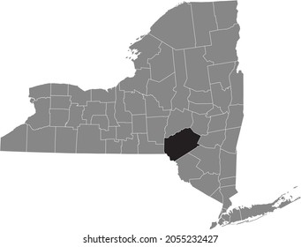 Black highlighted location map of the Delaware County inside gray map of the Federal State of New York, USA
