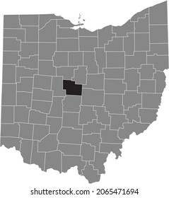 Black highlighted location map of the Delaware County inside gray administrative map of the Federal State of Ohio, USA