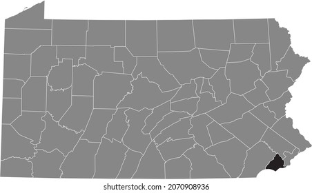 Black highlighted location map of the Delaware County inside gray administrative map of the Federal State of Pennsylvania, USA