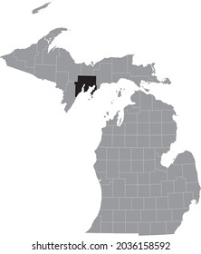 Black highlighted location map of the Delta County inside gray map of the Federal State of Michigan, USA