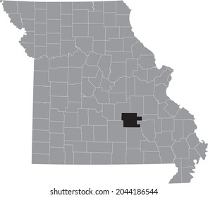 Black highlighted location map of the Dent County inside gray map of the Federal State of Missouri, USA
