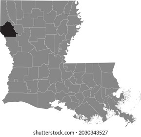 Black highlighted location map of the DeSoto Parish inside gray map of the Federal State of Louisiana, USA
