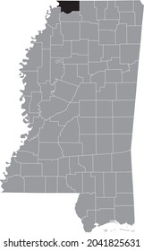 Black highlighted location map of the DeSoto County inside gray map of the Federal State of Mississippi, USA