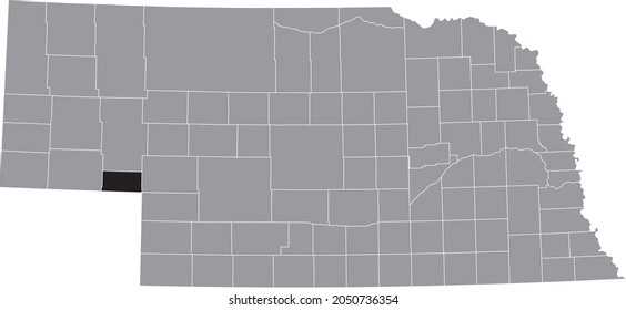 Black highlighted location map of the Deuel County inside gray map of the Federal State of Nebraska, USA