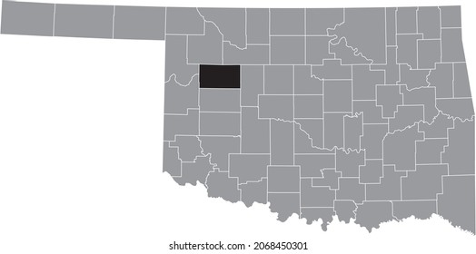 Black highlighted location map of the Dewey County inside gray administrative map of the Federal State of Oklahoma, USA