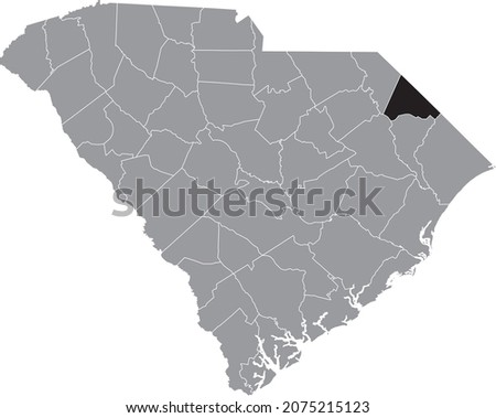 Black highlighted location map of the Dillon County inside gray administrative map of the Federal State of South Carolina, USA