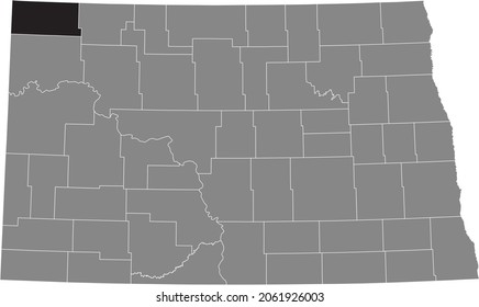 Black highlighted location map of the Divide County inside gray administrative map of the Federal State of North Dakota, USA