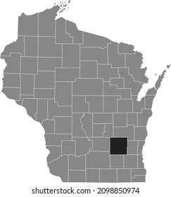 Black highlighted location map of the Dodge County inside gray administrative map of the Federal State of Wisconsin, USA
