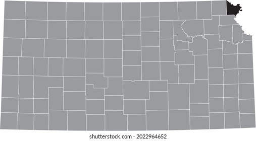 Mapa de ubicación resaltado en negro del condado de Doniphan dentro del mapa gris del estado federal de Kansas, Estados Unidos