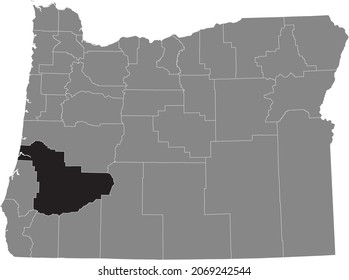 Black highlighted location map of the Douglas County inside gray administrative map of the Federal State of Oregon, USA