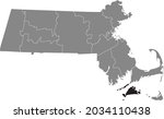 Black highlighted location map of the Dukes County inside gray map of the Federal State of Massachusetts, USA