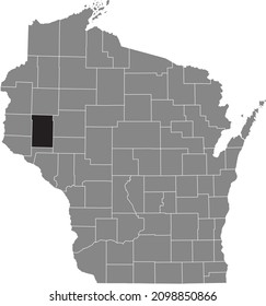 Schwarz hervorgehobene Standortkarte des Dunn County in grauer Verwaltungskarte des Bundesstaates Wisconsin, USA