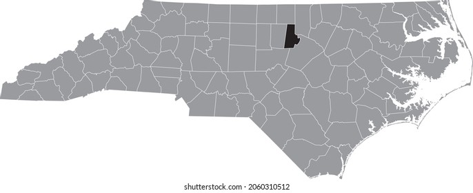 Black highlighted location map of the Durham County inside gray administrative map of the Federal State of North Carolina, USA