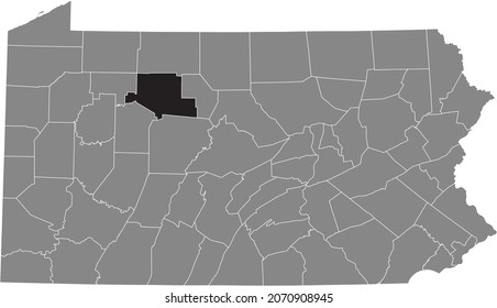 Black highlighted location map of the Elk County inside gray administrative map of the Federal State of Pennsylvania, USA
