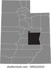 Black highlighted location map of the Emery County inside gray administrative map of the Federal State of Utah, USA