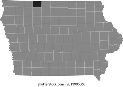 Black highlighted location map of the Emmet County inside gray map of the Federal State of Iowa, USA