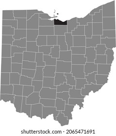 Black highlighted location map of the Erie County inside gray administrative map of the Federal State of Ohio, USA