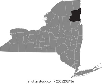 Black highlighted location map of the Essex County inside gray map of the Federal State of New York, USA