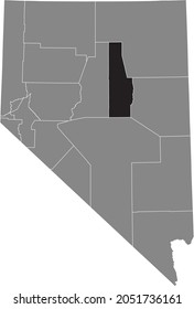 Black highlighted location map of the Eureka County inside gray map of the Federal State of Nevada, USA