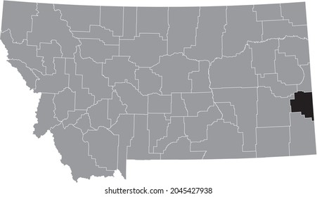 Black highlighted location map of the Fallon County inside gray map of the Federal State of Montana, USA